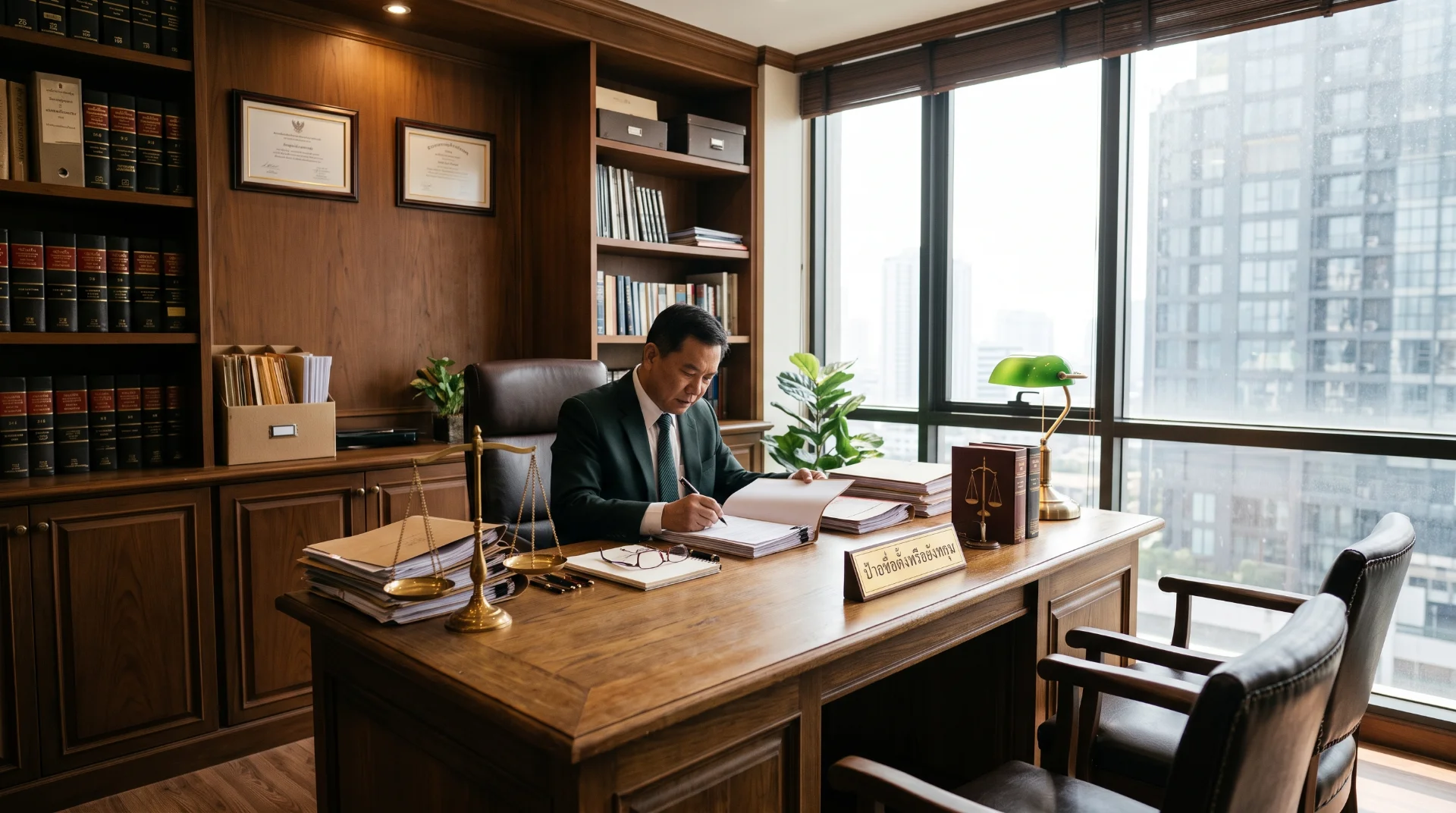 A wooden gavel resting on a green book surrounded by scattered dollar bills